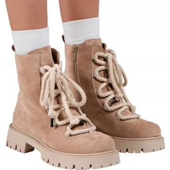 Dámská zimní obuv Dámské béžové zateplené šněrovací workery z broušené kůže (semišové) ZY1263 - 38