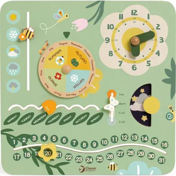 Dřevěná hračka DŘEVĚNÁ EDUKAČNÍ TABULE MANIPULAČNÍ VÝUKA ČASU A POČASÍ CLASSIC WORLD