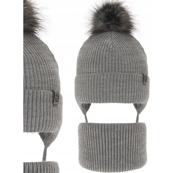 Čepice Šedá TEPLÁ zimní souprava ČEPICE na zavazování + NÁKRČNÍK 46-50 fleece 9 měsíců - 3 roky