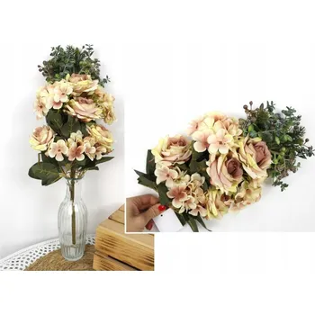 umělá květina Kytice RŮŽE (4 květy 8 cm), HORTENZIE (3 květy 12 cm) výška 47 cm KRÉMOVÁ
