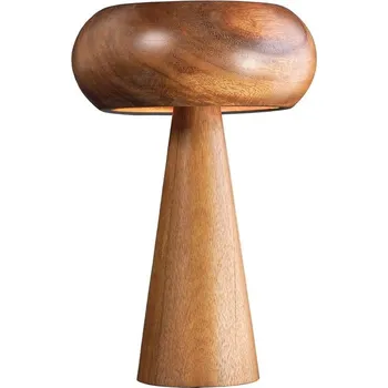 Lampička Designová kulatá masivní stolní lampa Fungi z akáciového dřeva v hnědé barvě s oblým stínítkem a kuželovou podstavou 37 cm