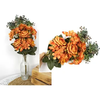 umělá květina Kytice RŮŽE (4 květy 8 cm), HORTENZIE (3 květy 12 cm) výška 47 cm ORANŽOVÁ