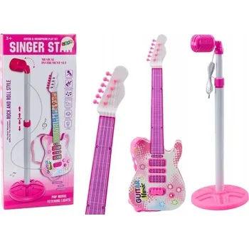 Hudební nástroj pro děti Sada Elektrická Kytara Stojan s Mikrofonem Na Baterie Růžová