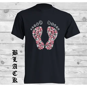 Pánské tričko levne-bavlnene-vtipne-tricko-potisk-stopy tenisky Barva: Denim - riflovina, velikost: S