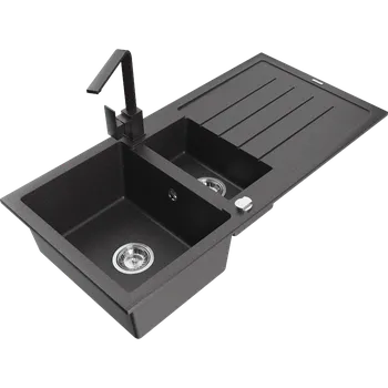Granitový dřez Mexen Andres, granitový dřez 1000x500x200 mm, 1,5-komorový, černá skvrnitá s chromovým sifonem a černá skvrnitá dřezová baterie Rita, 6515-76-670300-76