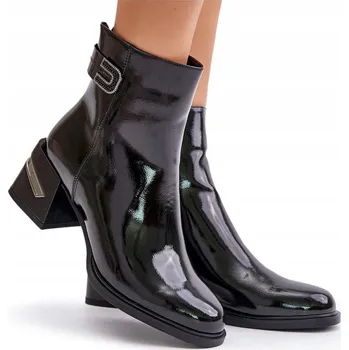 Dámská zimní obuv DÁMSKÉ KOTNÍKOVÉ BOTY LAKOVANÉ NA PODPATKU SLOUPEK ZATEPLENÉ D&A MR880-093 ČERNÉ 38