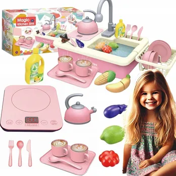 Dětská kuchyňka Sada Dřez 2v1 Kuchyňka pro Děti s Reálným Oběhem Vody a Nádobím