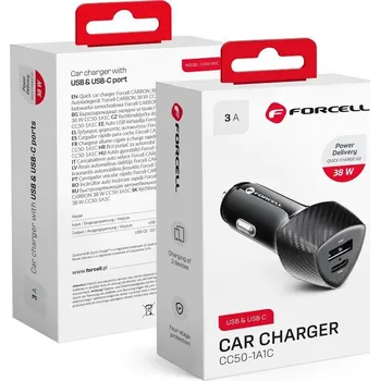 FORCELL CARBON nabíječka do auta typ C 3.0 PD20W + USB QC3.0 18W 5A CC50-1A1C černá (celkem 38W)