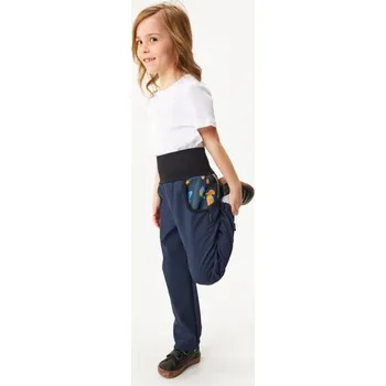 Oblečení a móda Unuo Dětské softshellové kalhoty s fleecem Basic, Tm. Modročerná, Dinosauři - 122/128