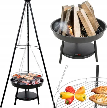 Závěsný gril na dřevěné uhlí s trojnožkou a ohništěm Lund, chromovaný rošt 46 cm