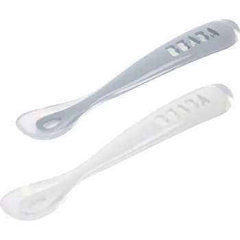 Beaba První lžička silikonová 2 ks s pouzdrem Pebble / Cloud Blue