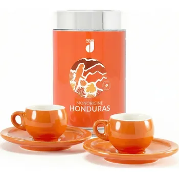 Danesi Duo Plus Set Orange Honduras Mletá - Darková Kazeta Mletá Káva 250 g + 2 šálky a 2 podšálky - oranžová