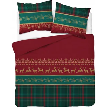 Povlečení Povlečení flanelové VÁNOČNÍ RENIFERY HVĚZDIČKY SNĚHOVÉ VLOČKY 140x200 červená