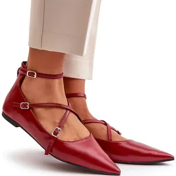 Dámské baleríny BALERÍNKY Z EKO KŮŽE S ŠPIČATOU ŠPIČKOU PROPLÉTANÉ PÁSKY BORDOVÉ 37