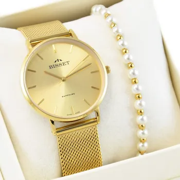 Hodinky Dámská sada: švýcarské hodinky Bisset ARITTE zlaté se SAFÍROVÝM SKLO