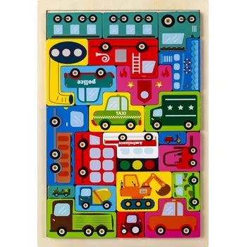 Dřevěná hračka Puzzle s dopravními prostředky 15 x 22,5 cm pro děti od 3 let Ambulance taxi jeřáb Vzdělávací hračka na logické myšlení