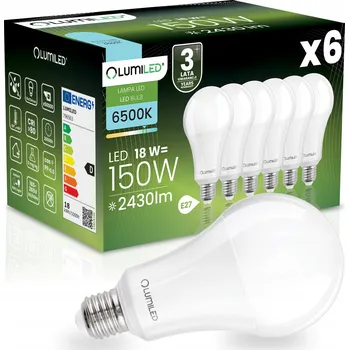 Žárovka 6x LED žárovka E27 A70 18W = 150W 2421lm 6500K Studená bílá CCD 260° LUMILED