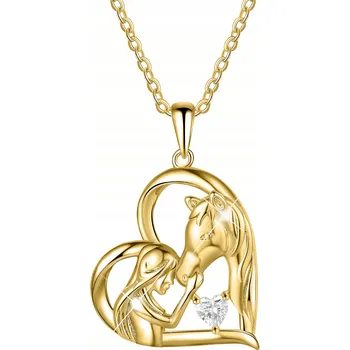Náhrdelník Zlatý Náhrdelník Řetízek Kůň v Srdci Koně Dívka s Koněm stříbro 925