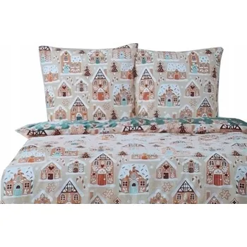 Povlečení Povlečení BAVLNĚNÉ Vánoční Domečky STROMEČEK ZIMA Béžová Zelená 220 x 200