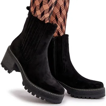 Dámská zimní obuv DÁMSKÉ KOTNÍKOVÉ BOTY EKO SEMIŠ PODPATEK SLOUPEK ZAPÍNÁNÍ NA ZIP ČERNÉ 39