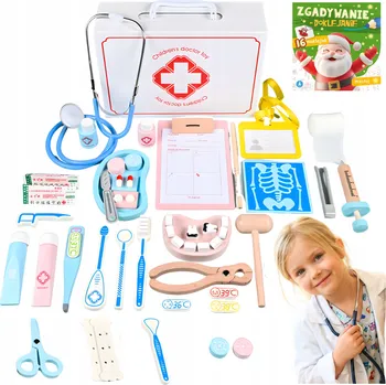 Dřevěná hračka VELKÁ DŘEVĚNÁ SADA LÉKAŘE PRO DĚTI 36 DÍLŮ KUFŘÍK S PŘÍSLUŠENSTVÍM DOKTORA