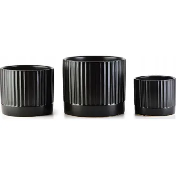 Květináč NEVA Sada 3 květináčů černá matná s proužky XL 18x16cm, L 15x13cm, M 12x10cm