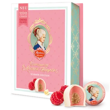 Čokoláda Mozartovy koule REBER 120 g Mozart Constanze - bílá čokoláda & malina RŮŽOVÉ (s malinovou příchutí / v bílé čokoládě)