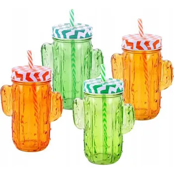 Sklenice SKLENICE S VÍČKEM A BRČKEM "KAKTUS"400ML, ASS.,4KS