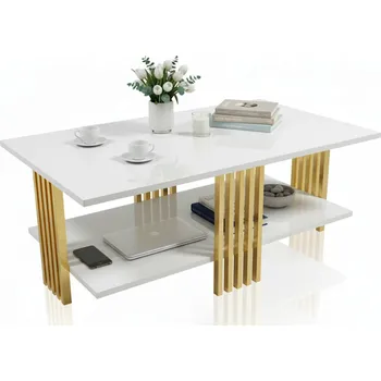 Konferenční stolek KONFERENČNÍ STOLEK OBDÉLNÍKOVÝ DO OBÝVACÍHO POKOJE LAVIČKA DŘEVĚNÁ S POLICÍ BÍLÝ LESK