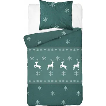 Povlečení Povlečení flanelové VÁNOČNÍ RENIFERY SNĚHOVÉ VLOČKY HVĚZDIČKY 140x200 zelené