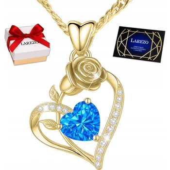 Náhrdelník Zlatý Náhrdelník 925 Modré Srdce Křišťál Srdíčko Pozlacená Růže 14K