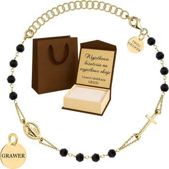 Náramek ZLATÝ DÁMSKÝ NÁRAMEK ČERNÉ KAMENY KŘÍŽEK MEDAILONEK RYZ.585/925 GRAVÍROVÁNÍ