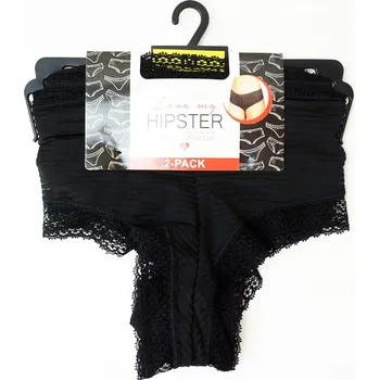 Kalhotky 2PAK Jemné dámské kalhotky hipster střihu s krajkovými nohavičkami a pasem 2 x černé L