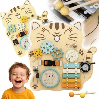 Dřevěná hračka Manipulační Senzorická Tabule MONTESSORI Koťátko Vzdělávací Dřevěná