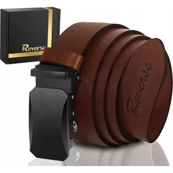 Opasek REVERSE KOŽENÝ OPASEK PÁNSKÝ KE KALHOTÁM AUTOMAT HNĚDÁ PŘÍRODNÍ KŮŽE 130