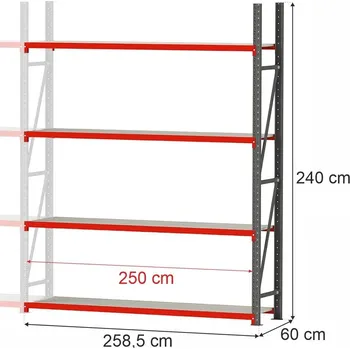 Dílenský regál Regalydoskladu Kovový skladový regál se 4 policemi FORTIS 240x258,5x60 cm, přídavný modul