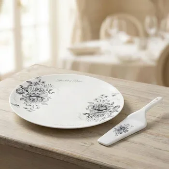 Porcelánový stojan na dort, cukroví a ovoce s dortovou stěrkou SHABBY ROSE bílý 26,5 cm