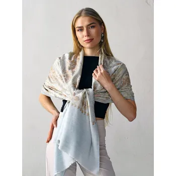 Šála Kašmírská vlněná šála vyšívaná hedvábím světle modrá se světle zlatou a světle hnědou