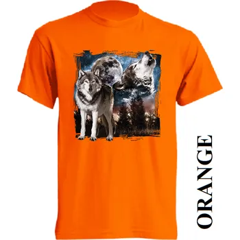 Pánské oblečení levne-bavlnene-tricko-potisk-vlci-les-Mesic Barva: Orange - oranžová, velikost: M