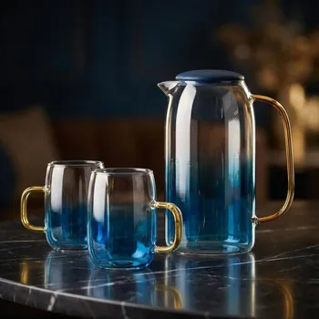 Skleněný džbán na vodu s víkem a sklenicemi STARKE PRO ARUBE modrý 1,5 l