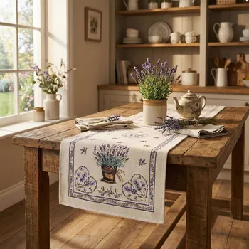 ubrus Běhoun s motivem levandule LILAC 37 × 100 cm béžový