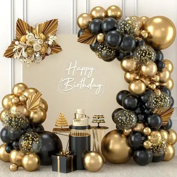 Party dekorace Girlanda z černo-zlatých balónků, 110 ks černo-zlatých balónků se zlatými konfetami, balónková