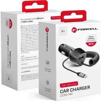 FORCELL F-ENERGY Carbon CC50-1AC nabíječka do auta USB A s kabelem Type C PD QC3.0 3A 38W černá