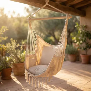 Zahradní lehátko Závěsné brazilské křeslo houpačka zahradní se 2 polštáři Tadar houpací síť béžová