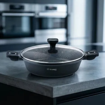 Pánev Mramorová pánev se dvěma držadly a poklicí STARKE PRO Svart Marble 28 cm