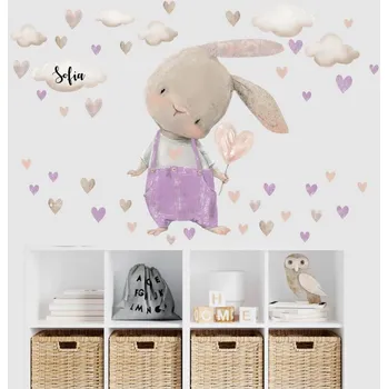 Samolepící dekorace Inspio Nálepka pro holčičku - Fialový zajíček se srdíčky a jménem v.75 x š.91cm + doplňky
