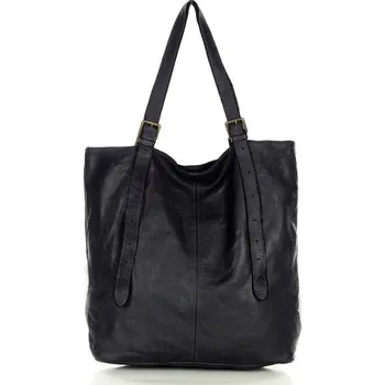Kabelka GENUINE LEATHER Dámská shopper taška s nastavitelnými uchy z pravé kůže MAZZINI; černá