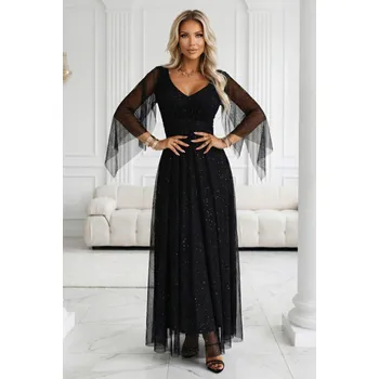 Dámské šaty 655-1 Dlouhé lehké třpytivé šaty s výstřihem a průhlednými rukávy - černé UNI