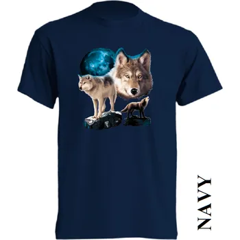 Pánské tričko levne-bavlnene-tricko-potisk-vlci-skála Barva: Navy - tmavě modrá, velikost: M