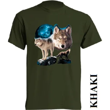 Pánské tričko levne-bavlnene-tricko-potisk-vlci-skála Barva: Khaki, velikost: XXL
